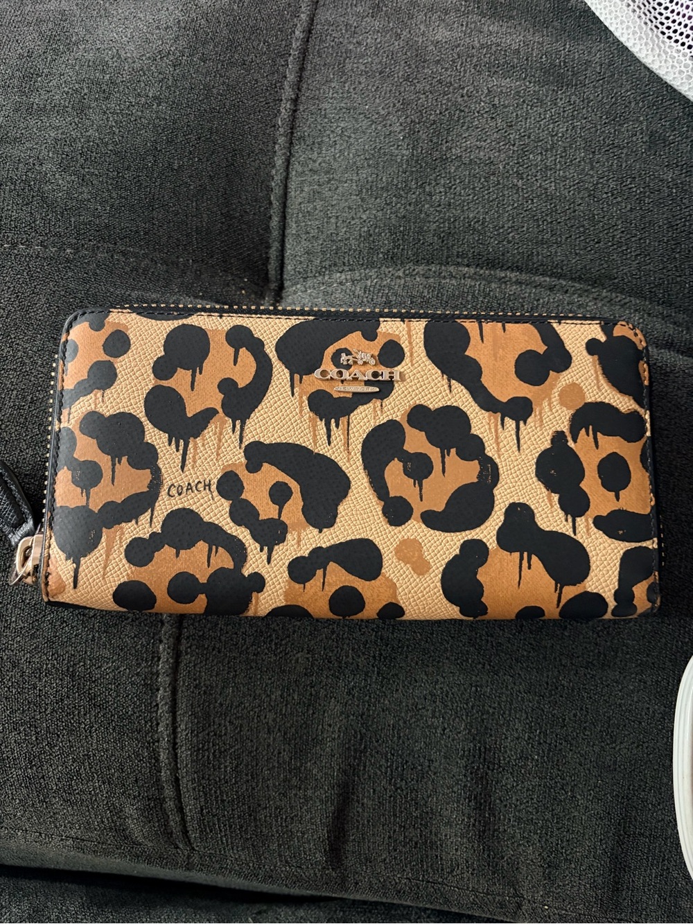 Coach Leopard-Print Zip Wallet in Tan and Black with Gold Logo